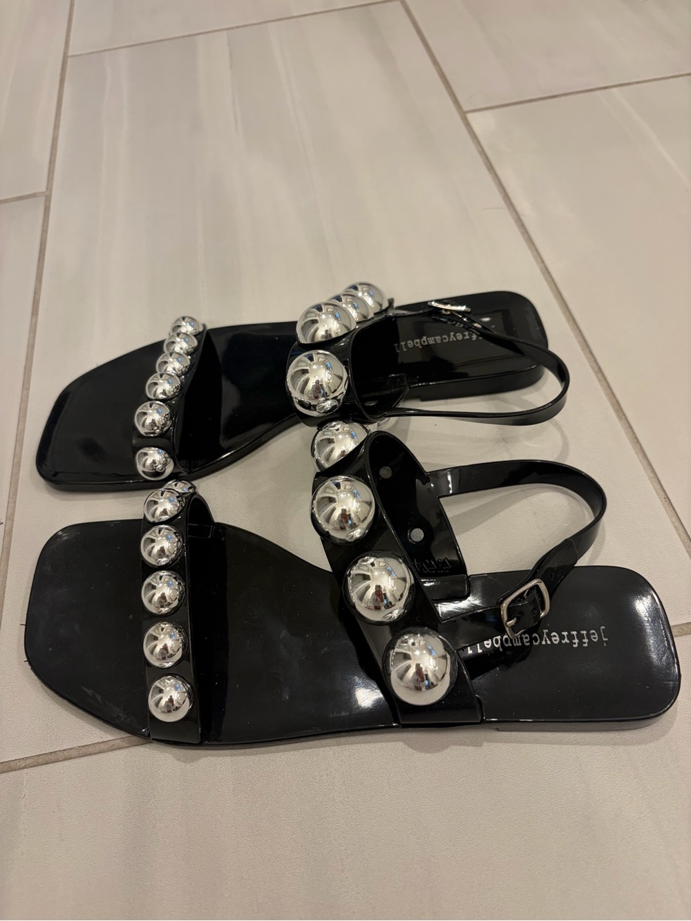 Jeffrey Campbell Black Patent Sandals with Silver Dome Studs